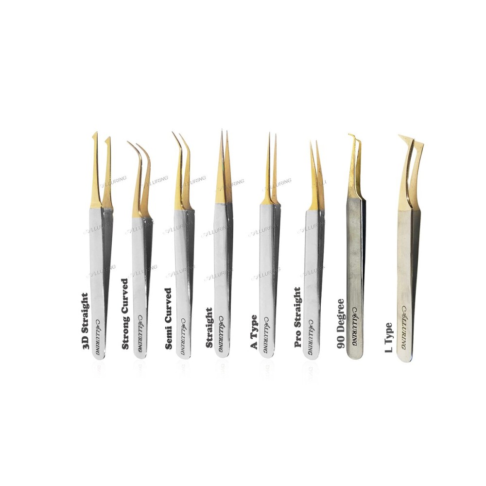 Alluring Chrome with Gold Tip Tweezers for Eyelash Extension - Set of 8 Tweezers
