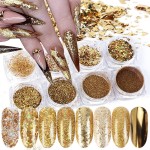 Holographic Gold Glitters Nail Art Sequins 3D Flakes Decoration for Women Girls Manicure Tips DIY Acrylic Nails Supplies Shining Design Accessories (8 Boxes)