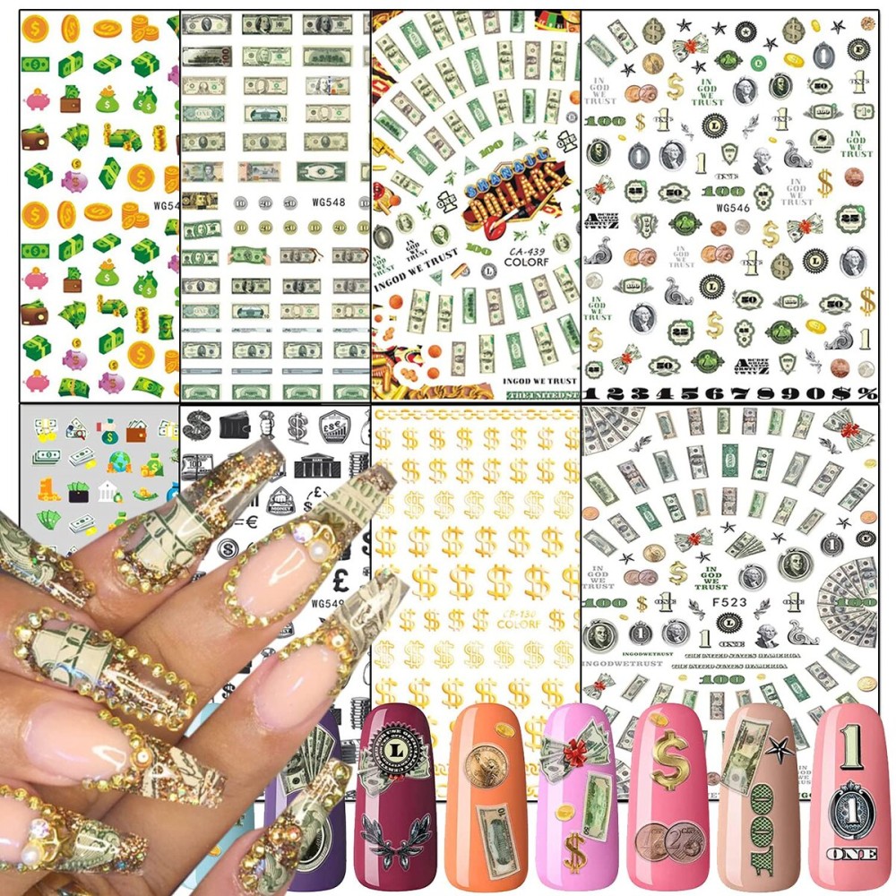 8 Sheets Money Dollar Nail Art Stickers Nail Adhesive Sticker Interesting Nail Decals Holographic 3D Gold Nail Art Design Acrylic Nails Supplies Decoration for Women Girls Manicure Tips Nails Art