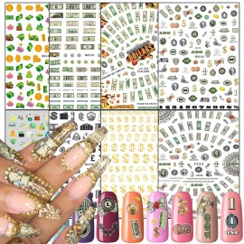 8 Sheets Money Dollar Nail Art Stickers Nail Adhesive Sticker Interesting Nail Decals Holographic 3D Gold Nail Art Design Acrylic Nails Supplies Decoration for Women Girls Manicure Tips Nails Art