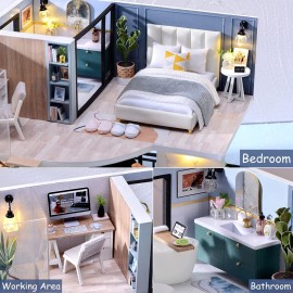 TuKIIE DIY Miniature Dollhouse Kit with Furniture, 1:24 Scale Creative Room Mini Wooden Doll House Accessories Plus Dust Proof & Music Movement for Kids Teens Adults(Satisfied Time)