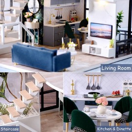 TuKIIE DIY Miniature Dollhouse Kit with Furniture, 1:24 Scale Creative Room Mini Wooden Doll House Accessories Plus Dust Proof & Music Movement for Kids Teens Adults(Satisfied Time)