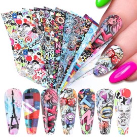 Nail Art Stickers Nail Foils Starry Sky Foil Transfer Nail Art Decals Snake Skin Flowers, Lips, Heart, Letters Nail Art Design for Women Girls Manicure Decor Acrylic Nails Supplies (10 Sheets)
