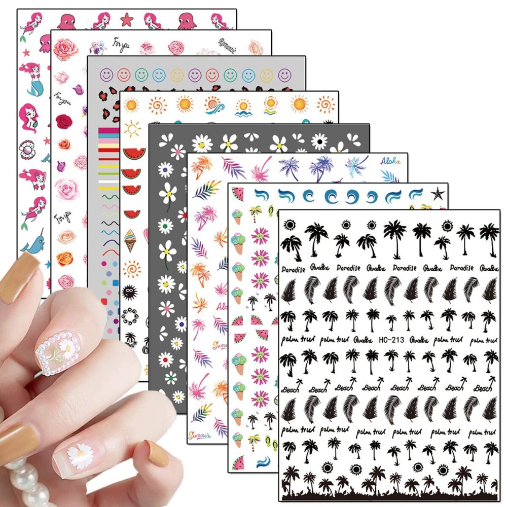 8 Sheets Nail Stickers - Holographic Flowers, Leaf, Mermaid, Leopard, Coconut Tree Designs for Women, Girls & DIY Nail Art