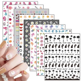 8 Sheets Nail Stickers - Holographic Flowers, Leaf, Mermaid, Leopard, Coconut Tree Designs for Women, Girls & DIY Nail Art