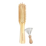 Bamboo Wood Hair Brush with Cleaning Rake for Women Men and Kids, Natural Bamboo Bristles Small Paddle Flat Hairbrush Fit All Types Hair