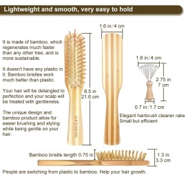 Bamboo Wood Hair Brush with Cleaning Rake for Women Men and Kids, Natural Bamboo Bristles Small Paddle Flat Hairbrush Fit All Types Hair