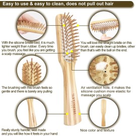 Bamboo Wood Hair Brush with Cleaning Rake for Women Men and Kids, Natural Bamboo Bristles Small Paddle Flat Hairbrush Fit All Types Hair