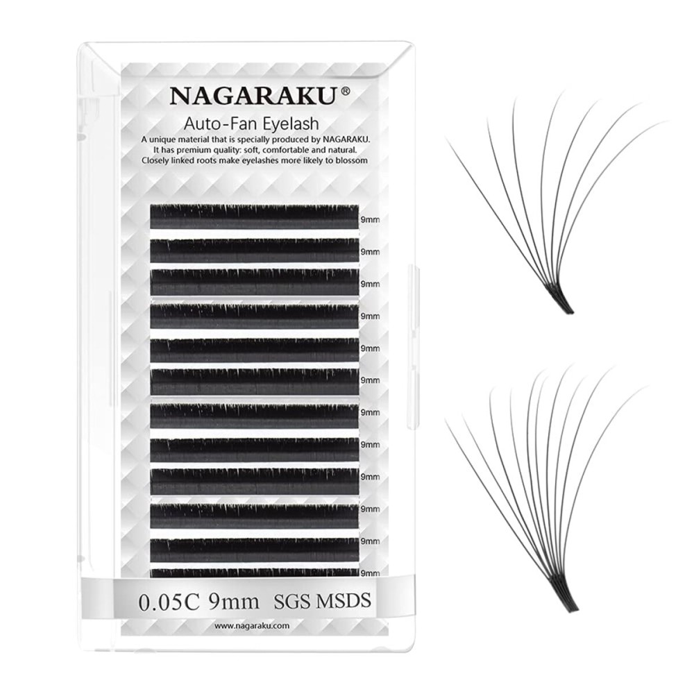 NAGARAKU Easy Fan Eyelash Extensions Volume Lash 0.05 C curl 9mm Rapid Blooming Faux Mink Cluster For Beginners Soft Professional Lash Supplies