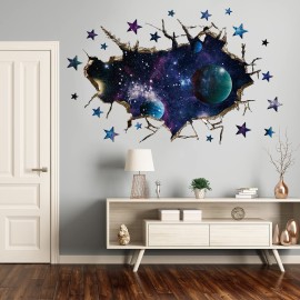 3D Galaxy Blue Cosmic Milky Way Wall Stickers, HOLENGS Outer Space Planets Simulation Crack Hole Wall Decals, Starry Sky Wall Decor for Boys Kids Bedroom Living Room Nursery Decoration