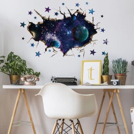 3D Galaxy Blue Cosmic Milky Way Wall Stickers, HOLENGS Outer Space Planets Simulation Crack Hole Wall Decals, Starry Sky Wall Decor for Boys Kids Bedroom Living Room Nursery Decoration
