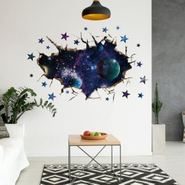 3D Galaxy Blue Cosmic Milky Way Wall Stickers, HOLENGS Outer Space Planets Simulation Crack Hole Wall Decals, Starry Sky Wall Decor for Boys Kids Bedroom Living Room Nursery Decoration