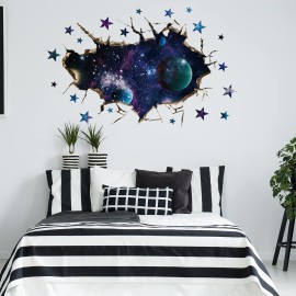 3D Galaxy Blue Cosmic Milky Way Wall Stickers, HOLENGS Outer Space Planets Simulation Crack Hole Wall Decals, Starry Sky Wall Decor for Boys Kids Bedroom Living Room Nursery Decoration