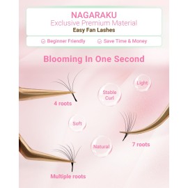 NAGARAKU Easy Fan Eyelash Extensions Volume Lash 0.07 D curl 9mm Rapid Blooming Faux Mink Cluster For Beginners Soft Professional Lash Supplies