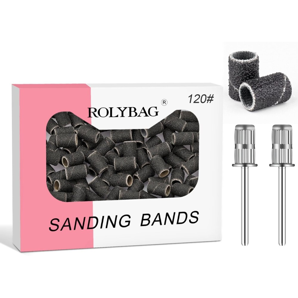 Rolybag Sanding Bands for Nail Drill, 100Pcs Professional Nail Sanding Bands 120 Grit Medium and 2Pcs 3/32 Nail Drill Mandrel Bits for Manicures and Pedicure, Black Rolybag Sanding Bands for Nail Drill, 100Pcs Professional Nail Sanding Bands 120 Grit Medium and 2Pcs 3/32 Nail Drill Mandrel Bits for Manicures and Pedicure, Black