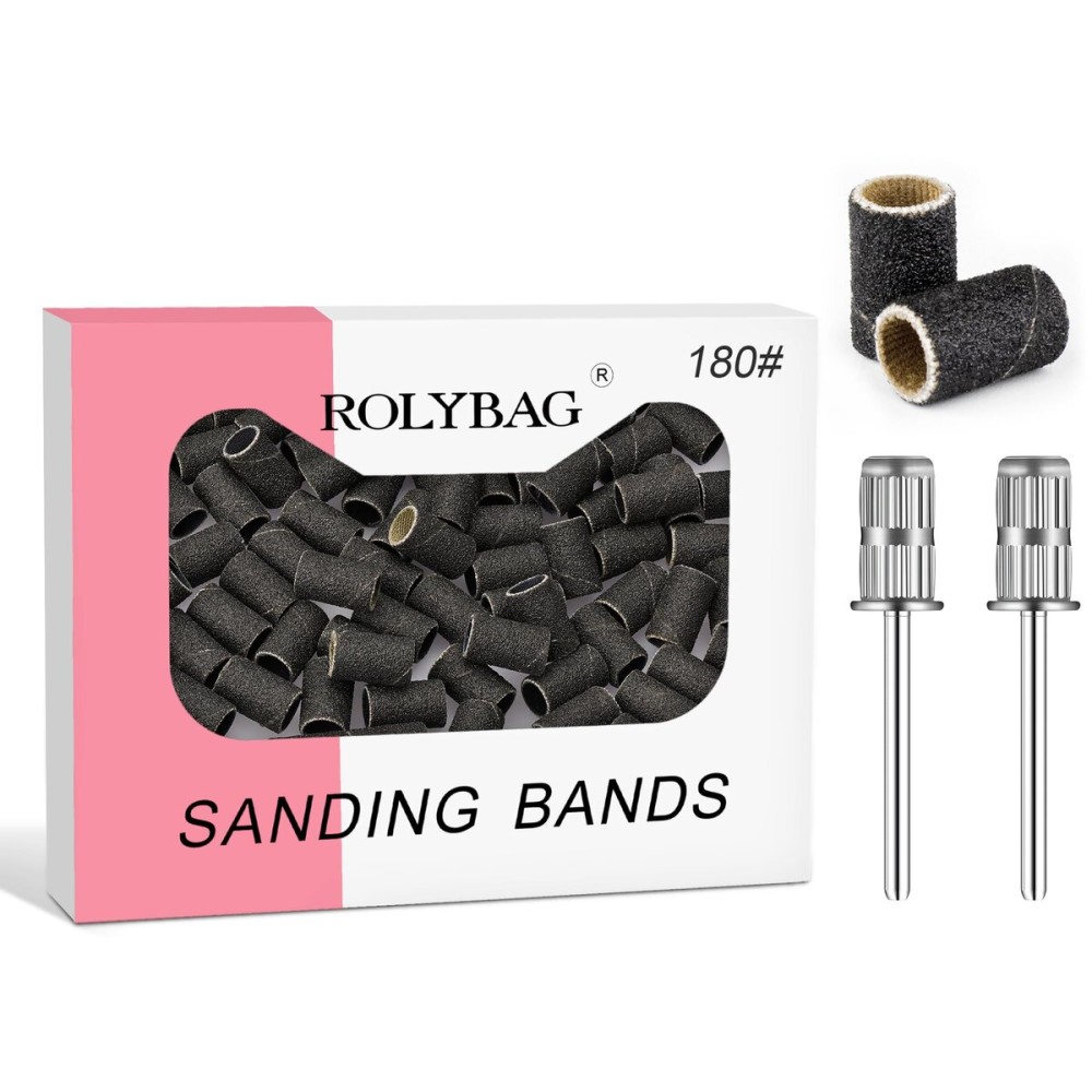 Rolybag Sanding Bands for Nail Drill, 100Pcs Professional Nail Sanding Bands 180 Grit Fine and 2Pcs 3/32 Nail Drill Mandrel Bits for Manicures and Pedicure, Black Rolybag Sanding Bands for Nail Drill, 100Pcs Professional Nail Sanding Bands 180 Grit Fine and 2Pcs 3/32 Nail Drill Mandrel Bits for Manicures and Pedicure, Black