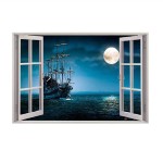 YOWOCAL 3D Fake Windows Wall Sticker, Removable Pirates Ship Boat Ocean Moon Faux Windows Wall Decals for Kids Bedroom Living Room Decoration,23.6x17.3
