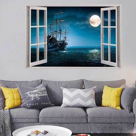 YOWOCAL 3D Fake Windows Wall Sticker, Removable Pirates Ship Boat Ocean Moon Faux Windows Wall Decals for Kids Bedroom Living Room Decoration,23.6x17.3