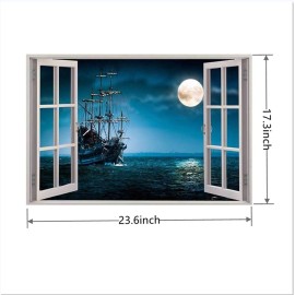 YOWOCAL 3D Fake Windows Wall Sticker, Removable Pirates Ship Boat Ocean Moon Faux Windows Wall Decals for Kids Bedroom Living Room Decoration,23.6x17.3