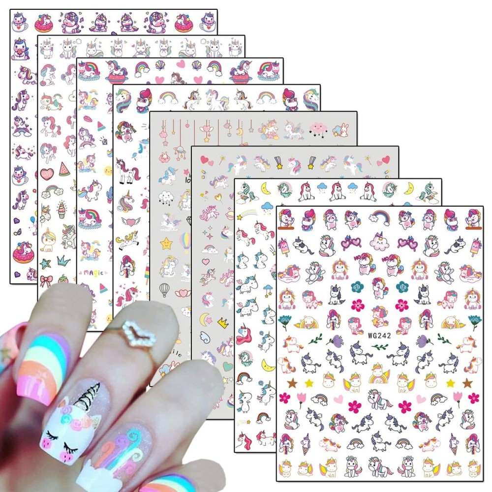 TBRZTR Unicorn 3D Nail Art Stickers, 8 Sheets Cute Animal Decals for Women Girls Manicure Tips Charms Decoration DIY Nail Art Supplies, Rainbow Heart Moon Star Cartoon Design
