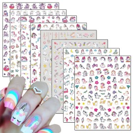 TBRZTR Unicorn 3D Nail Art Stickers, 8 Sheets Cute Animal Decals for Women Girls Manicure Tips Charms Decoration DIY Nail Art Supplies, Rainbow Heart Moon Star Cartoon Design