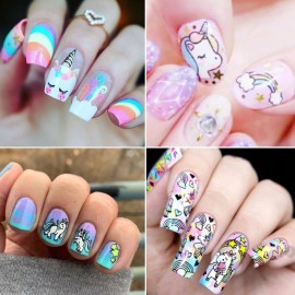 TBRZTR Unicorn 3D Nail Art Stickers, 8 Sheets Cute Animal Decals for Women Girls Manicure Tips Charms Decoration DIY Nail Art Supplies, Rainbow Heart Moon Star Cartoon Design