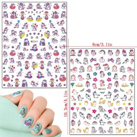 TBRZTR Unicorn 3D Nail Art Stickers, 8 Sheets Cute Animal Decals for Women Girls Manicure Tips Charms Decoration DIY Nail Art Supplies, Rainbow Heart Moon Star Cartoon Design