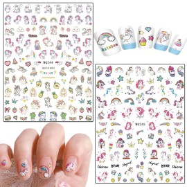 TBRZTR Unicorn 3D Nail Art Stickers, 8 Sheets Cute Animal Decals for Women Girls Manicure Tips Charms Decoration DIY Nail Art Supplies, Rainbow Heart Moon Star Cartoon Design