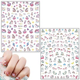 TBRZTR Unicorn 3D Nail Art Stickers, 8 Sheets Cute Animal Decals for Women Girls Manicure Tips Charms Decoration DIY Nail Art Supplies, Rainbow Heart Moon Star Cartoon Design
