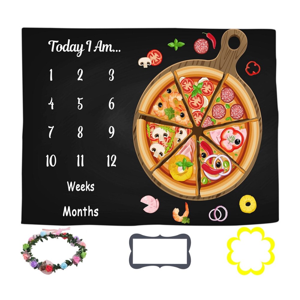 LYLYCTY Baby Monthly Milestone Blanket - Pizza Black Background, Personalized, Includes Wreath and Frame, 60x40 BTLSLY128