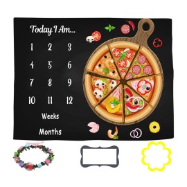 LYLYCTY Baby Monthly Milestone Blanket - Pizza Black Background, Personalized, Includes Wreath and Frame, 60x40 BTLSLY128