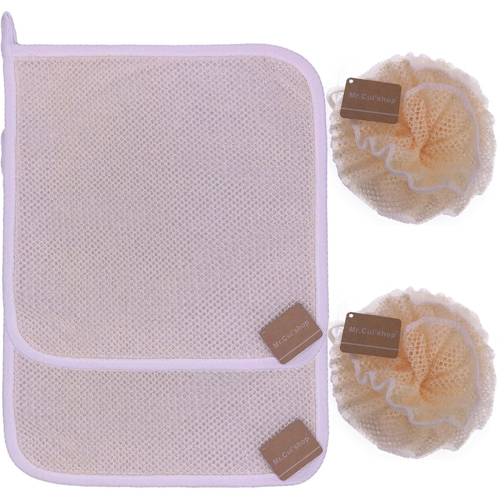 4 pcs/set 2 Soft Weave Home Spa Exfoliating Face and Body Wash Cloths, Dual-Textured for Shower & 2 Bath Spa Puff Scrubber Ball - Remove Dead Skin - Great for Skin Care in the Bath - Rich Foams Bubble