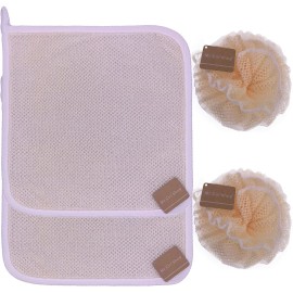 4 pcs/set 2 Soft Weave Home Spa Exfoliating Face and Body Wash Cloths, Dual-Textured for Shower & 2 Bath Spa Puff Scrubber Ball - Remove Dead Skin - Great for Skin Care in the Bath - Rich Foams Bubble