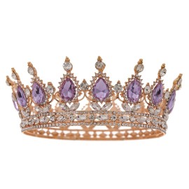 FORSEVEN Queen Crown Rhinestone Wedding Crowns and Tiaras for Women Costume Party Hair Accessories Princess Birthday Crown Crystal Bridal Crown (Gold+Light Purple)
