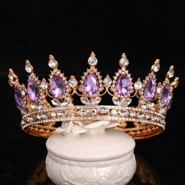 FORSEVEN Queen Crown Rhinestone Wedding Crowns and Tiaras for Women Costume Party Hair Accessories Princess Birthday Crown Crystal Bridal Crown (Gold+Light Purple)