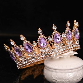 FORSEVEN Queen Crown Rhinestone Wedding Crowns and Tiaras for Women Costume Party Hair Accessories Princess Birthday Crown Crystal Bridal Crown (Gold+Light Purple)