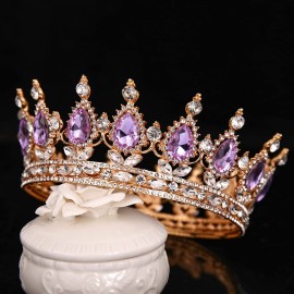 FORSEVEN Queen Crown Rhinestone Wedding Crowns and Tiaras for Women Costume Party Hair Accessories Princess Birthday Crown Crystal Bridal Crown (Gold+Light Purple)
