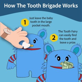 The Tooth Brigade Tooth Fairy Pillow | Stuffed Plush with Large Pocket Mouth for Lost Teeth, Treasures, Prizes - Fun and Interactive Plush, Perfect Kids, Boys, & Girls Gift (Blue Monster)