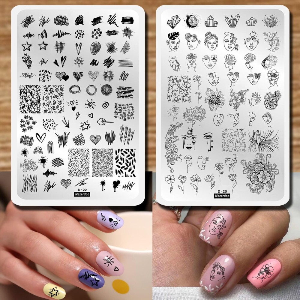Abstract Lady Face Pattern Nail Stamping Plates Set 2pcs Flower Leaf Graffiti Fun Nail Stamper Plate Figure Rose Star Heart Nail Stamp Plates Geometry Graffiti Striped Nails Art Template Plates Mold