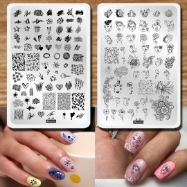 Abstract Lady Face Pattern Nail Stamping Plates Set 2pcs Flower Leaf Graffiti Fun Nail Stamper Plate Figure Rose Star Heart Nail Stamp Plates Geometry Graffiti Striped Nails Art Template Plates Mold
