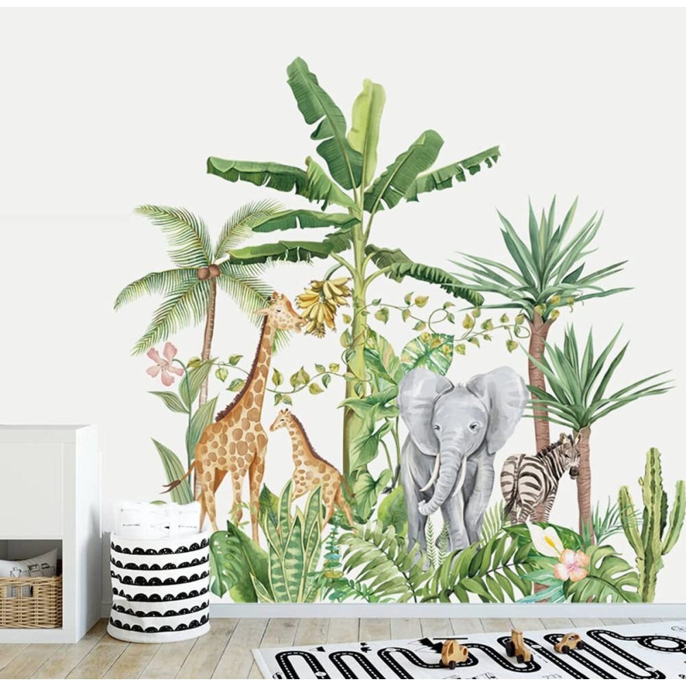Runtoo Tropical Jungle Animal Wall Decals Giraffe Elephant Plants Wall Stickers Kids Room Bedroom Wall Decor