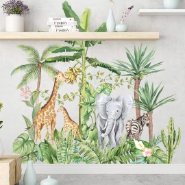 Runtoo Tropical Jungle Animal Wall Decals Giraffe Elephant Plants Wall Stickers Kids Room Bedroom Wall Decor
