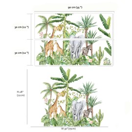 Runtoo Tropical Jungle Animal Wall Decals Giraffe Elephant Plants Wall Stickers Kids Room Bedroom Wall Decor