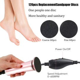 Electric Foot File Callus Remover Professional Foot File Pedicure Tools Adjustable Speed 120pcs Replacement Sandpaper disc Easy to Remove Cutin Dead Skin calluses for Men and Women(Rose Gold 120pcs)