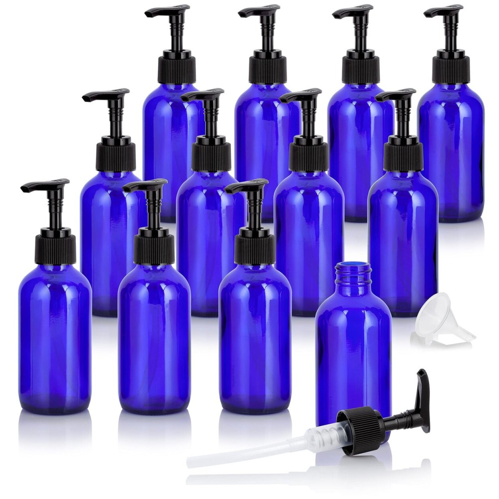 4 oz Cobalt Blue Glass Boston Round Bottle with Black Lotion Pump (12 Pack) + Funnel