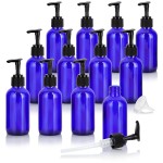 4 oz Cobalt Blue Glass Boston Round Bottle with Black Lotion Pump (12 Pack) + Funnel