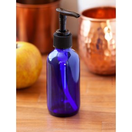 4 oz Cobalt Blue Glass Boston Round Bottle with Black Lotion Pump (12 Pack) + Funnel