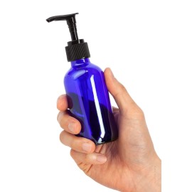 4 oz Cobalt Blue Glass Boston Round Bottle with Black Lotion Pump (12 Pack) + Funnel