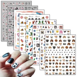 8 Sheets Cute Animal Nail Art Adhesive Sticker Cows Dog Cat Pig Dragon Cartoon Nail Stickers 3D Nail Art Design for Women Girls Manicure Tips Charms Decoration Acrylic Nails Supplies Nail Decals