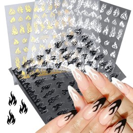 XMMXNBJ 4 Sheets Flame Nail Art Stickers Decals 3D Laser Gold Self-Adhesive Flame Nail Sticker 4 Colors Nail Art Designs for Women Girls Manicure Tips Charms Decoration